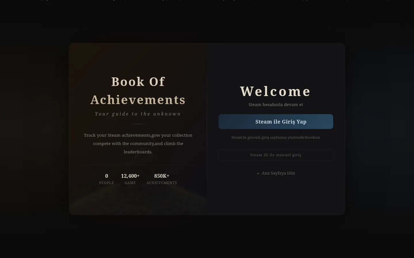 Book Of Achievements giriş ekranı: Steam ile giriş butonu