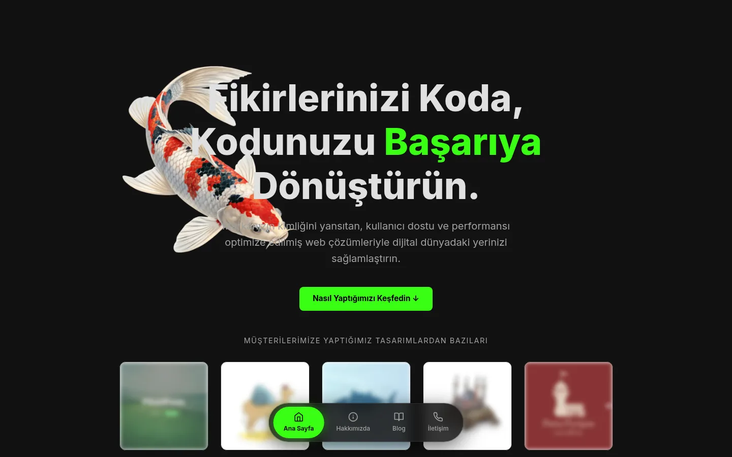 Codemisk ana sayfası: 'Fikirlerinizi koda, kodunuzu başarıya dönüştürün' başlığı ve müşteri tasarımları