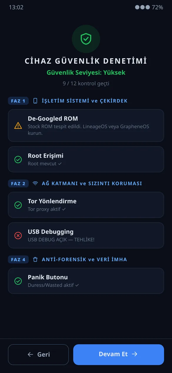 GHOST Android istemcisinde dört fazlı cihaz güvenlik denetimi ekranı