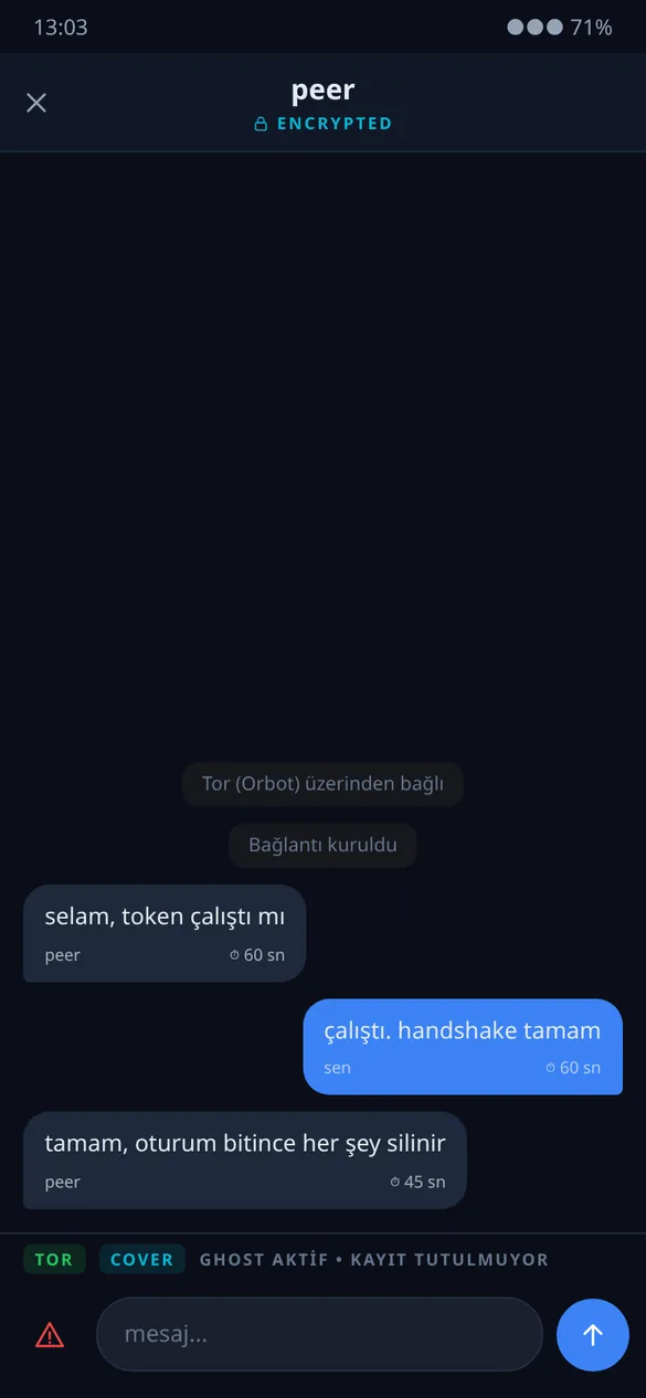 GHOST Android istemcisinde şifreli sohbet ekranı: Tor ve cover traffic göstergeleri, kendini imha eden mesajlar