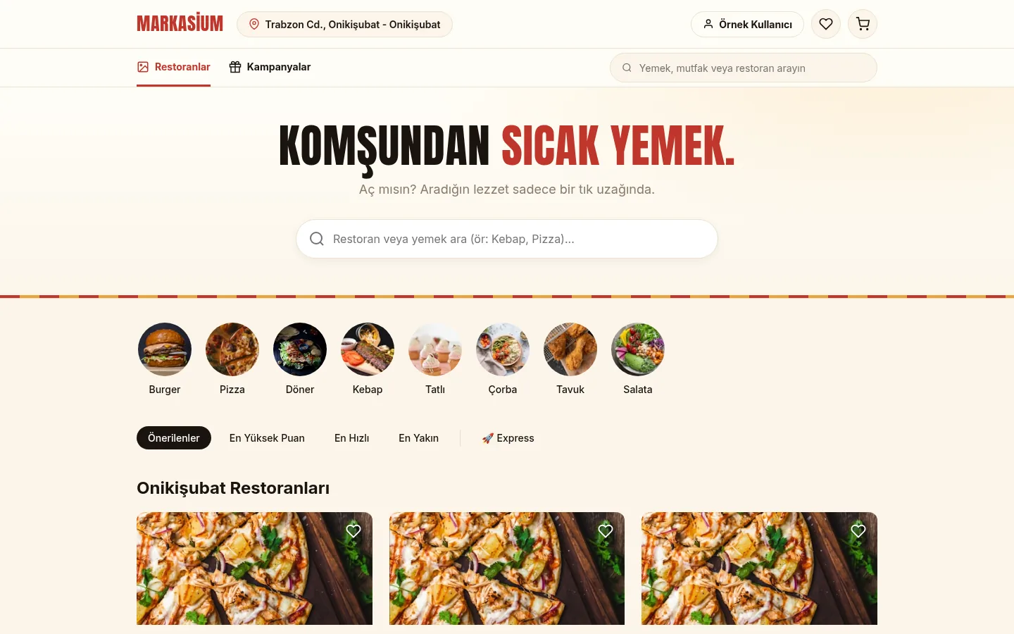 Markasium müşteri sitesi: konuma göre restoran listesi ve mutfak kategorileri