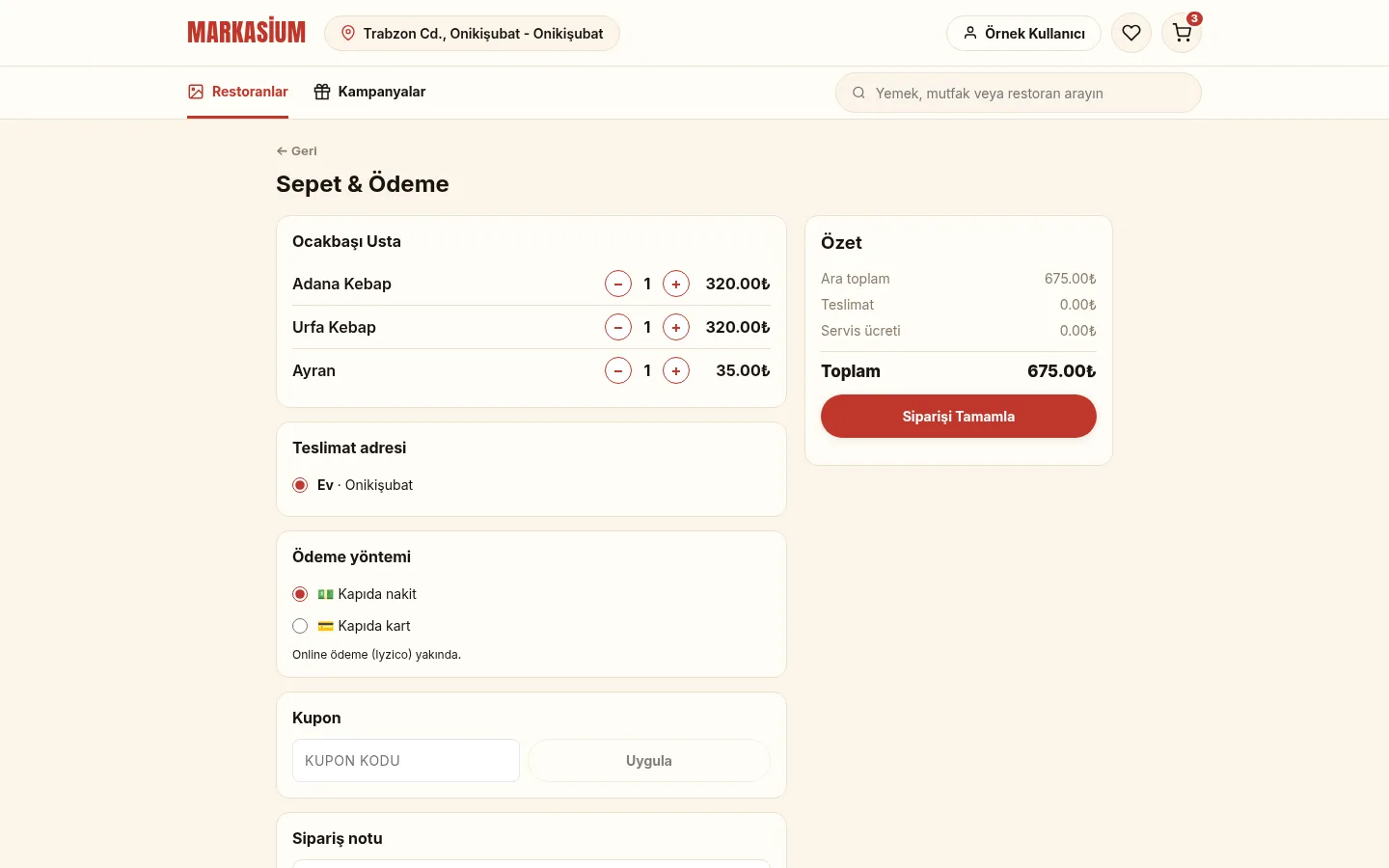 Sepet ve ödeme ekranı: ürünler, teslimat adresi, ödeme yöntemi, sipariş özeti