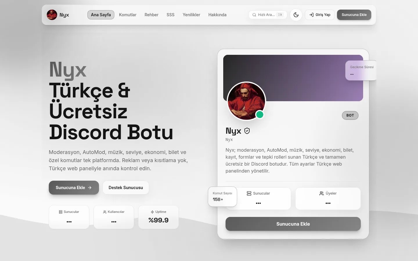 Nyx tanıtım sitesinin ana sayfası: Türkçe ve ücretsiz Discord botu başlığı ve bot profil kartı