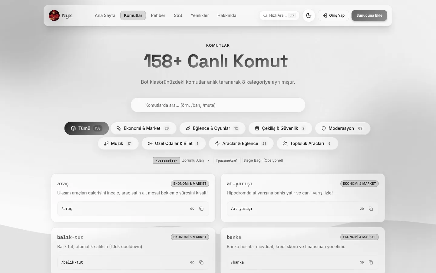 Nyx komut listesi: 158 komut, 8 kategori, arama ve kategori filtreleri