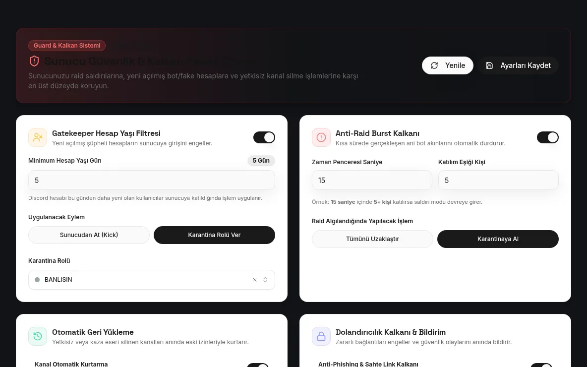 NyxBot web panelinde Guard ve Kalkan sistemi: hesap yaşı filtresi ve anti-raid ayarları
