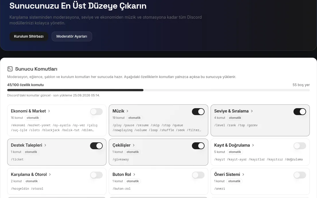 NyxBot web panelinde sunucu komut modülleri ve açma kapama anahtarları