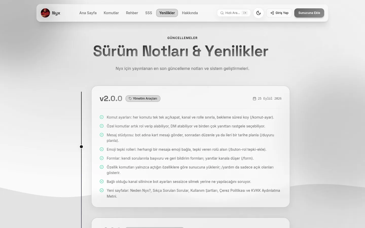Nyx sürüm notları sayfası: v2.0.0 değişiklik listesi
