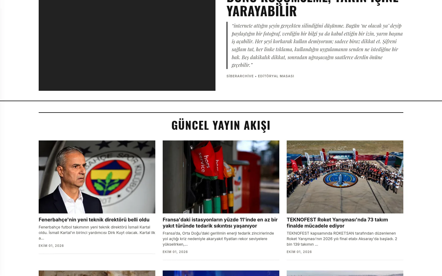 SiberArchive ana sayfasında görüş ve analiz bölümü ile güncel yayın akışı
