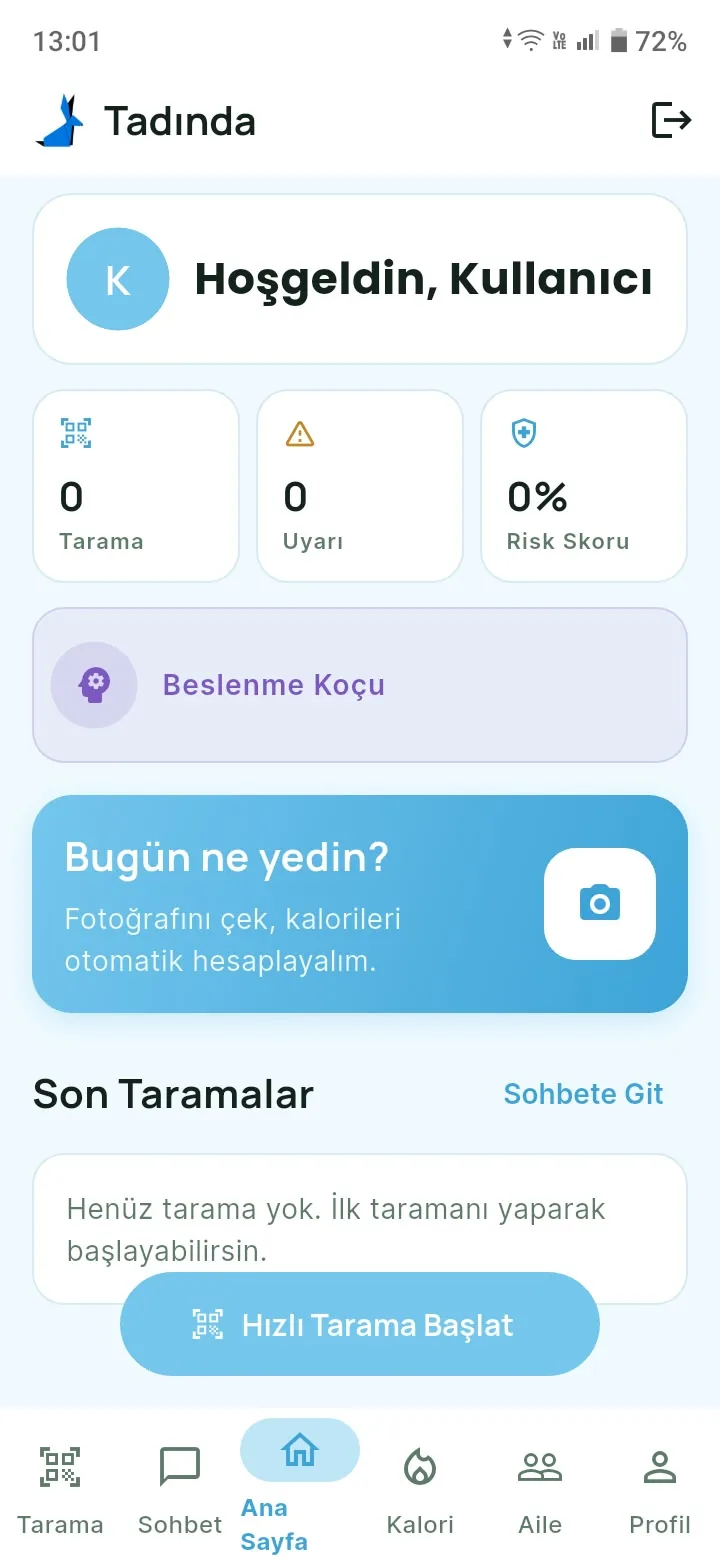 Tadinda mobil uygulamasının ana sayfası: tarama, uyarı ve risk skoru kartları
