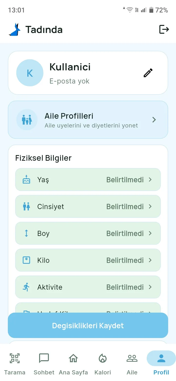 Tadinda mobil uygulamasının profil ekranı: aile profilleri ve fiziksel bilgiler